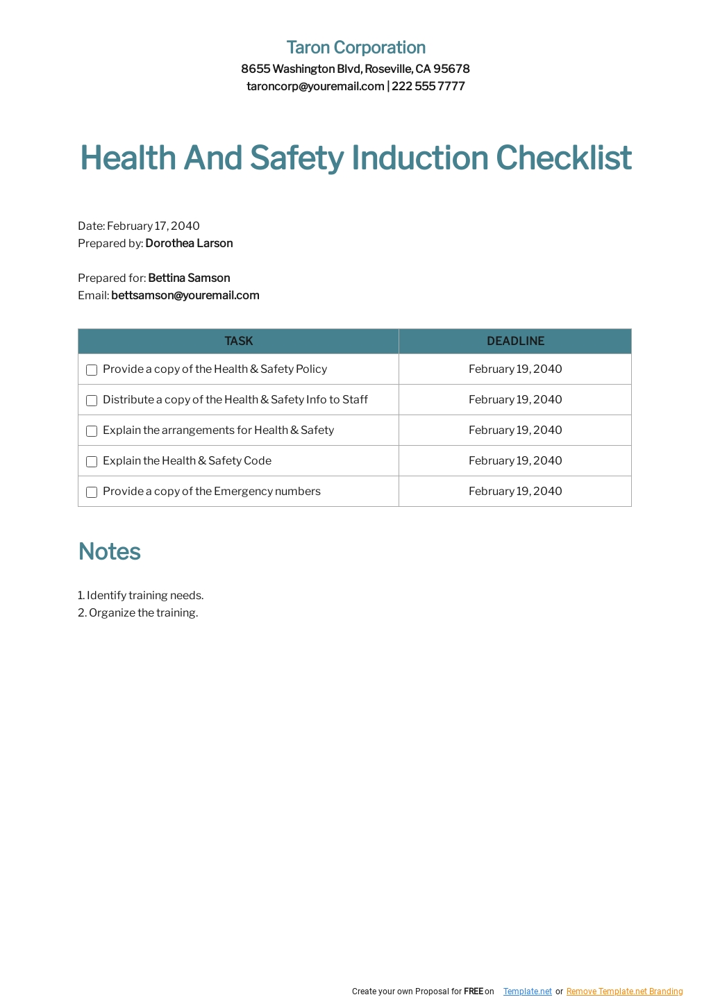 Health And Safety Induction Checklist Template