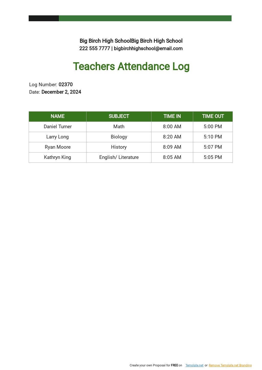 Teachers Attendance Log Template