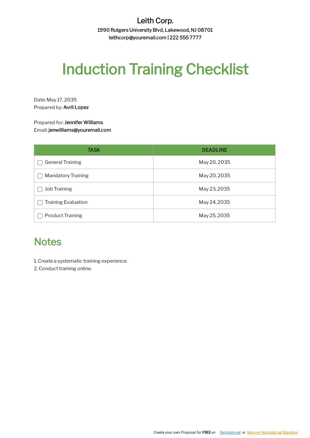 Induction Training Checklist Template