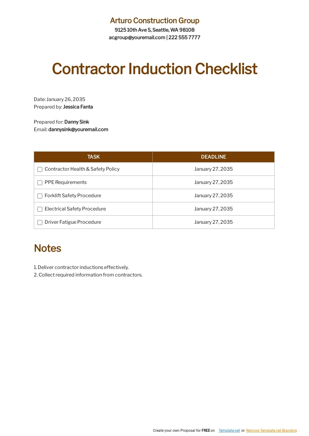 Contractor Induction Checklist Template