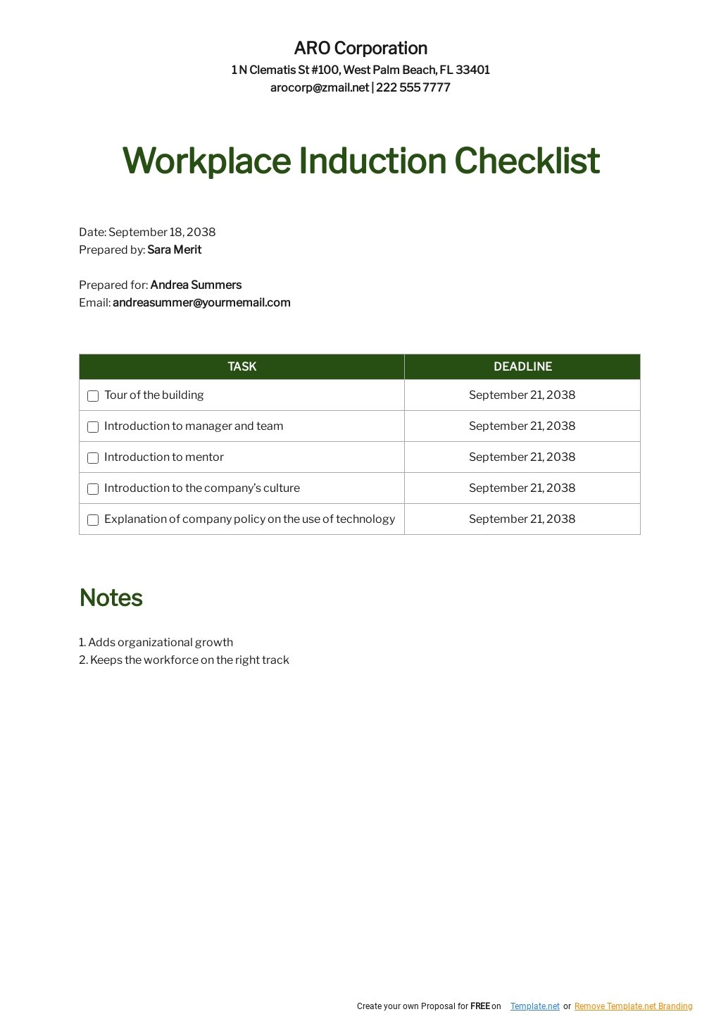 Workplace Induction Checklist Template