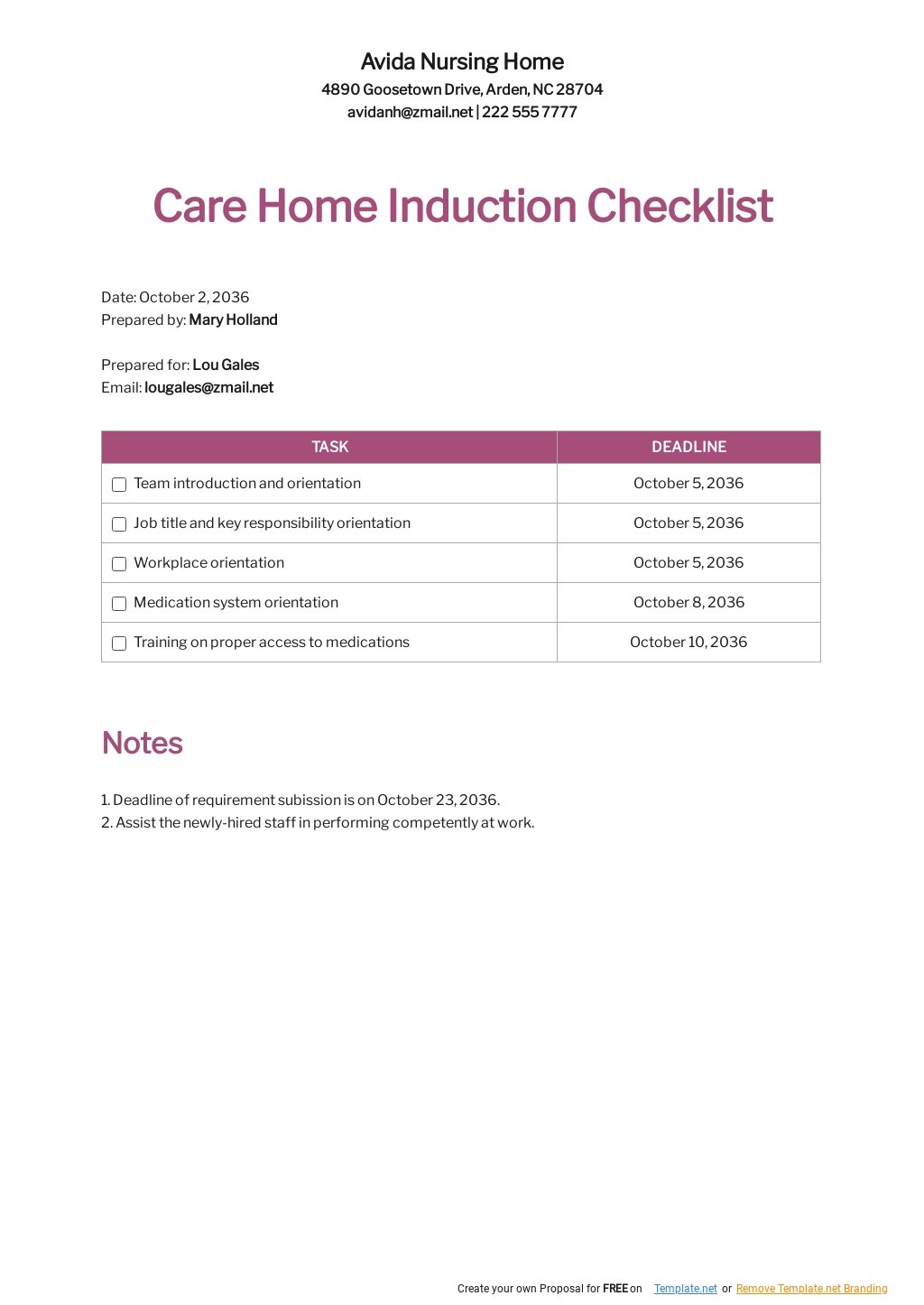 Care Home Induction Checklist Template