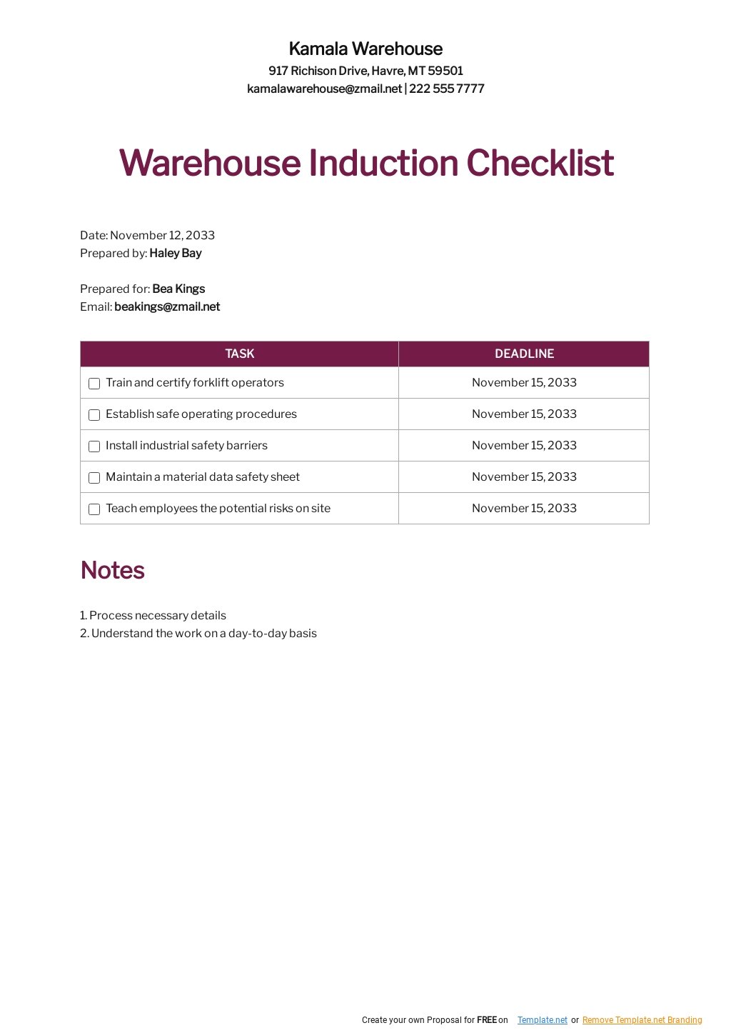 Warehouse Induction Checklist Template