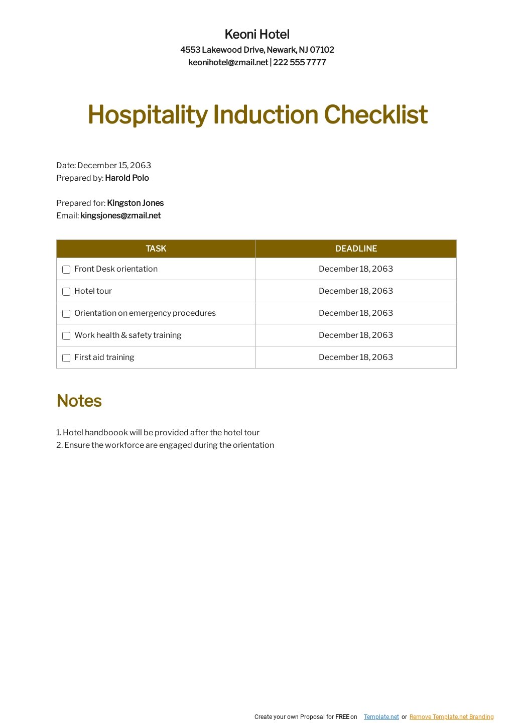 Hospitality Induction Checklist Template