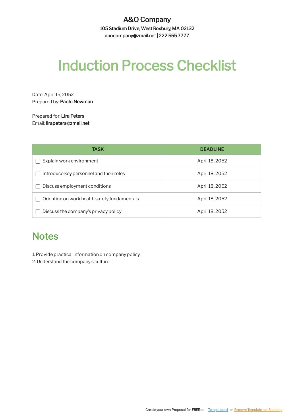 Induction Process Checklist Template