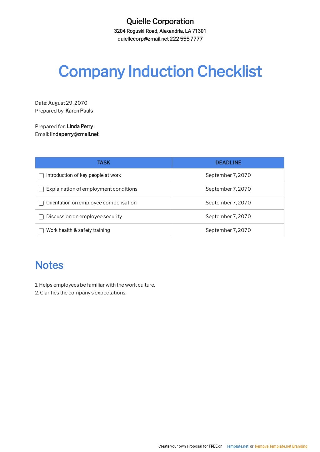 Free Company Induction Checklist Template