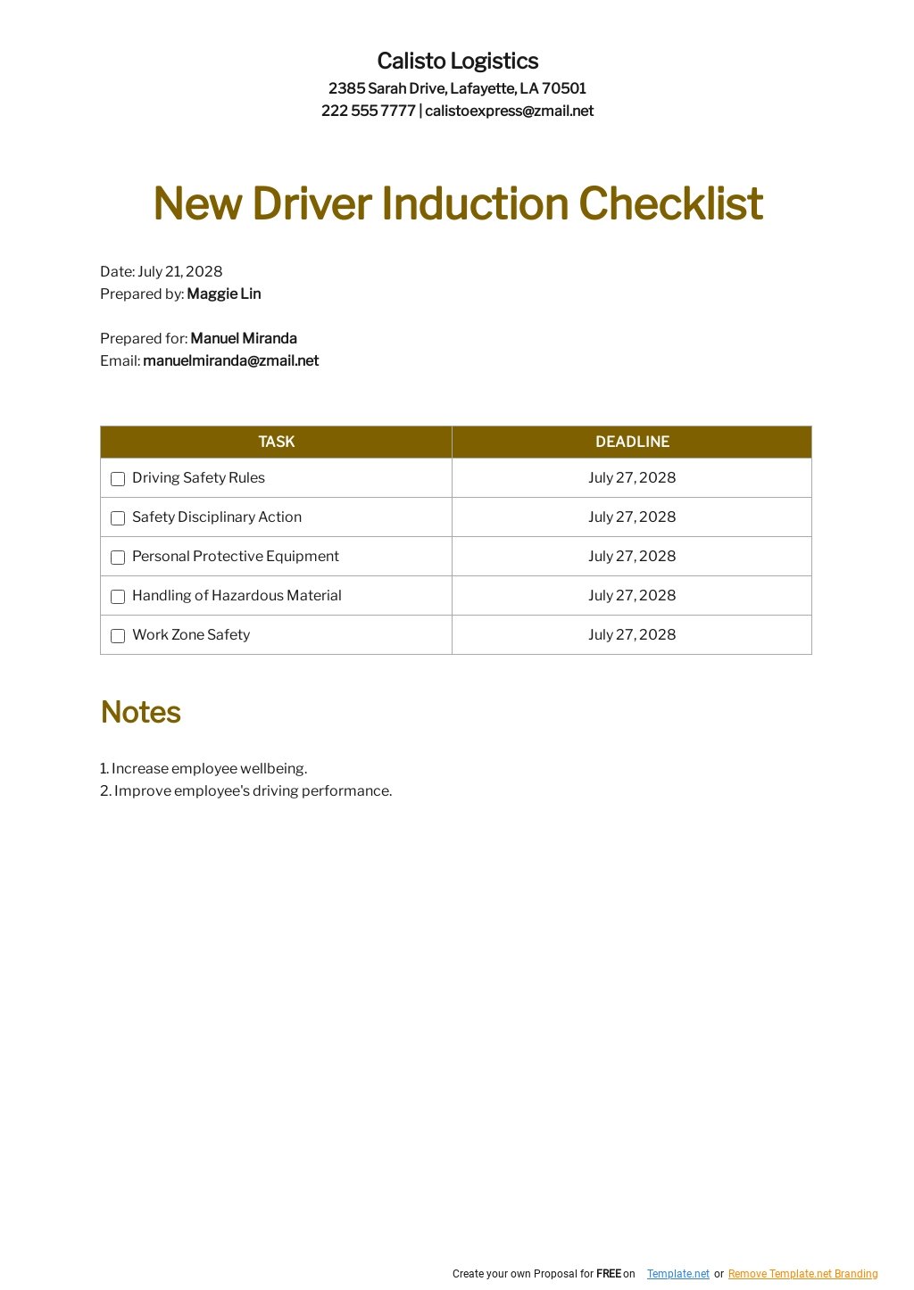 New Driver Induction Checklist Template