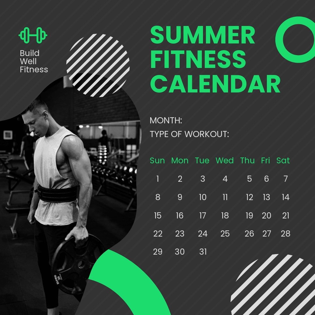 Free Summer Fitness Calendar Post, Instagram, Facebook Template