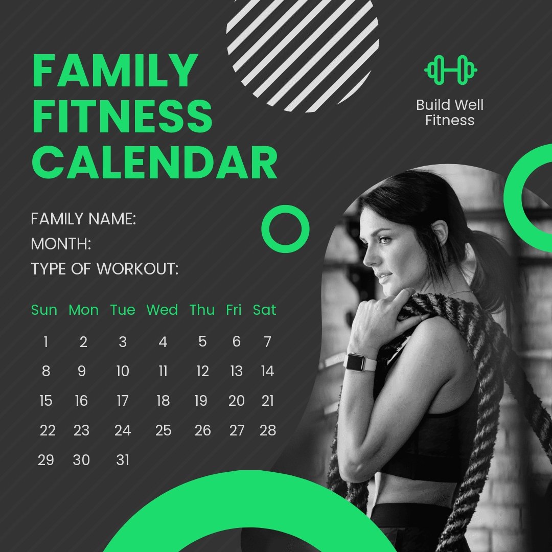 Family Fitness Calendar Post, Instagram, Facebook