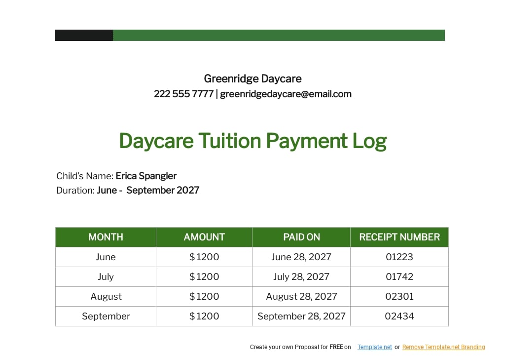 Daycare Tuition Payments Log Template