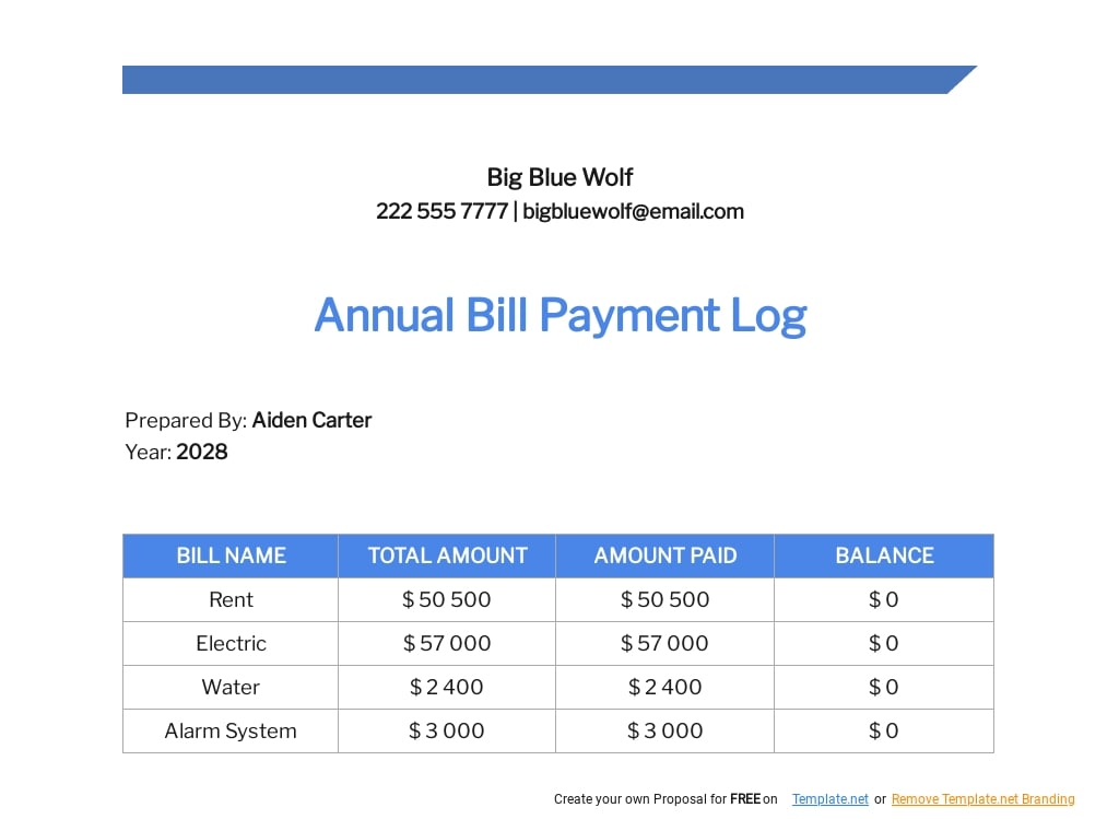 Annual Bill Payment Log Template