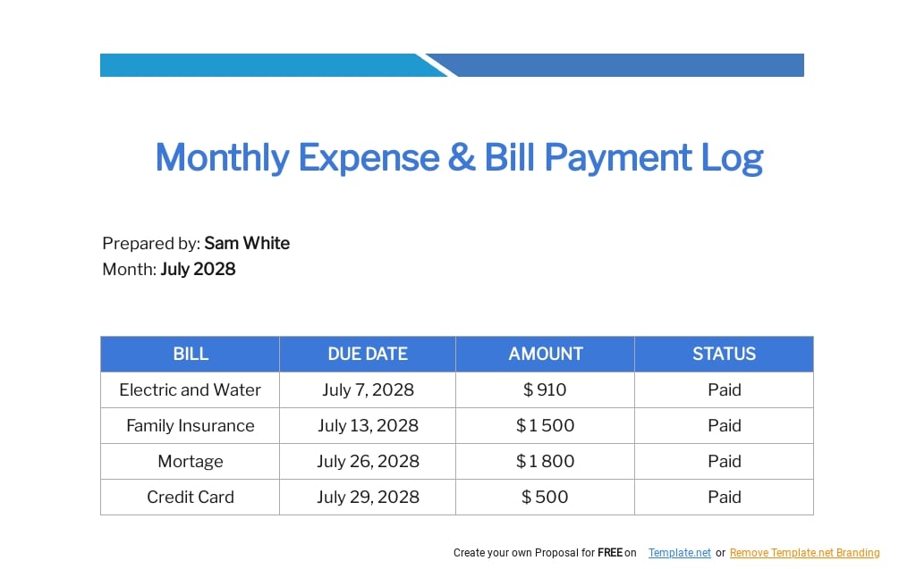 Monthly Expense & Bill Payment Log Template