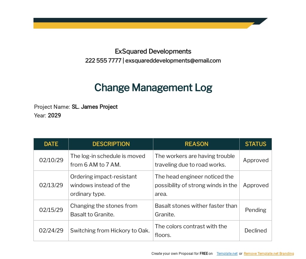Change Management Log Template