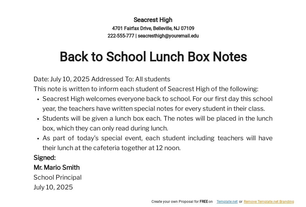 Back to School Lunch Box Notes Template