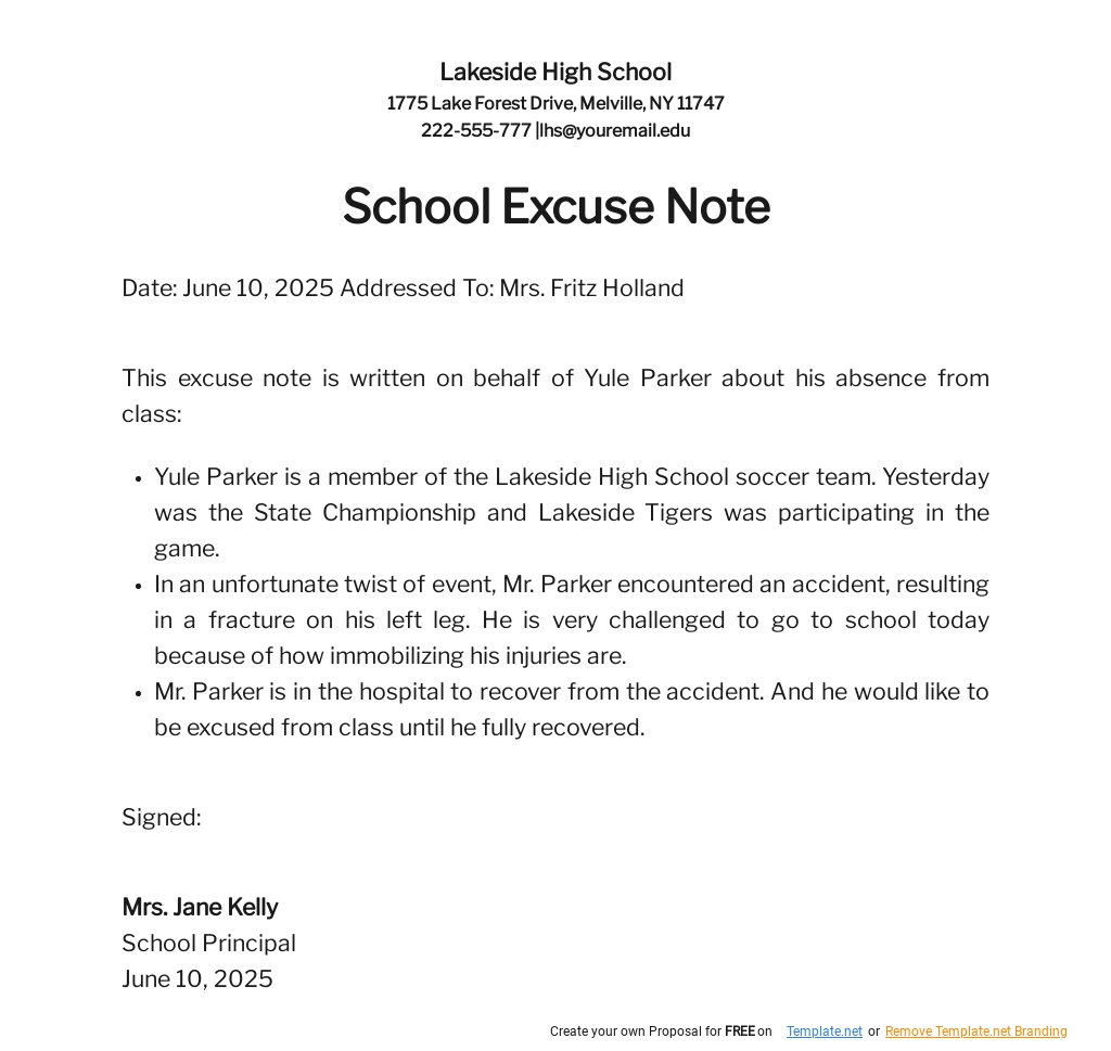 School Excuse Note Template in Word, Google Docs, Apple Pages