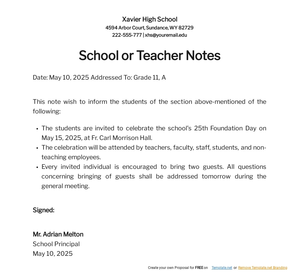 School or Teacher Notes Template