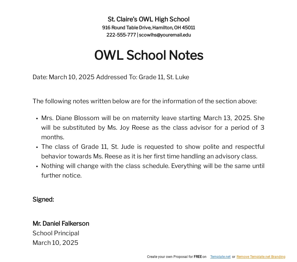 OWL School Notes Template