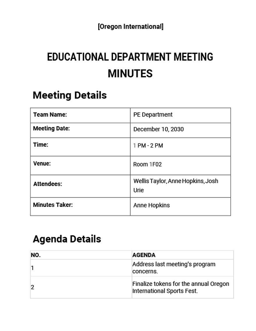 Educational Department Meeting Minutes Template