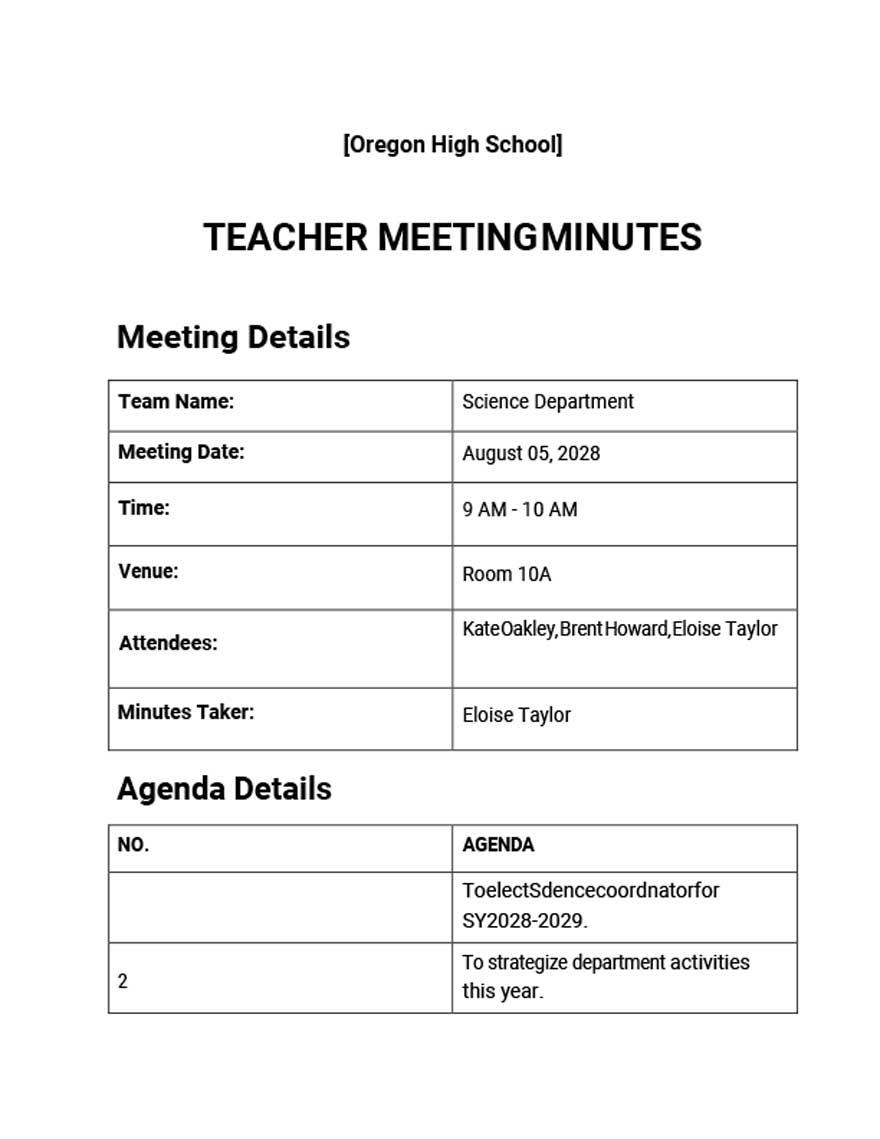 Teacher Meeting Minutes Template Google Docs, Word, Apple Pages