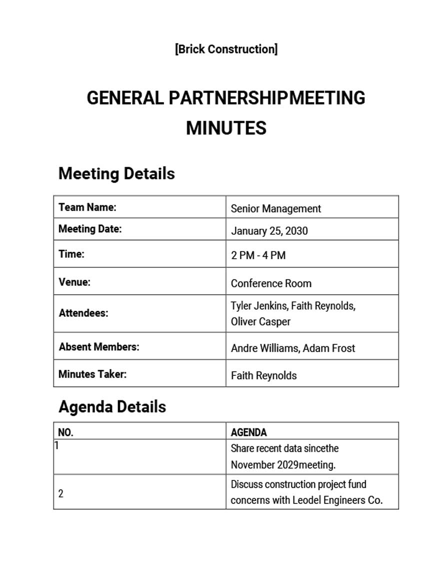 General Partnership Meeting Minutes Template