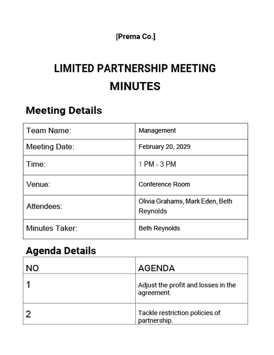 Limited Partnership Meeting Minutes Template