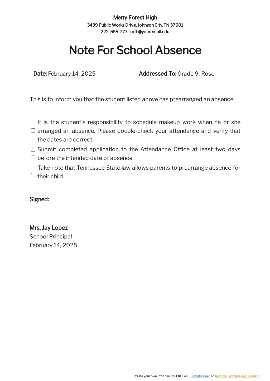 Note for School Absence Template in Word, Google Docs, PSD, Apple Pages