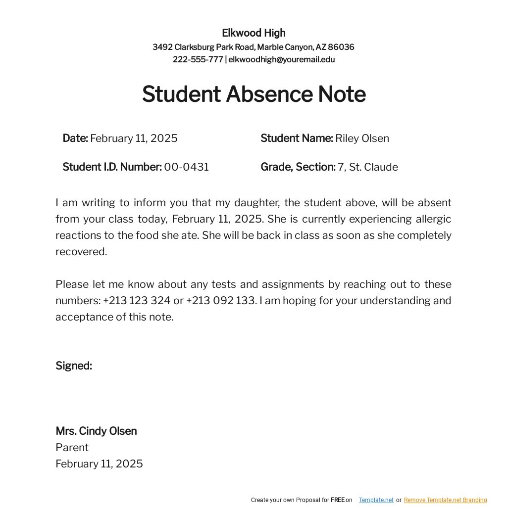 Student Absence Note Template