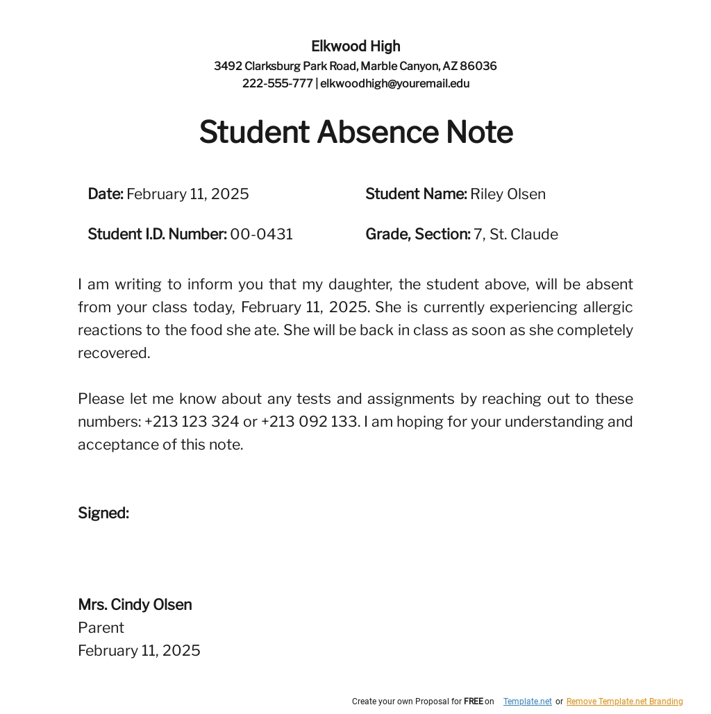 Student Absence Note Template in Word, Google Docs, Apple Pages