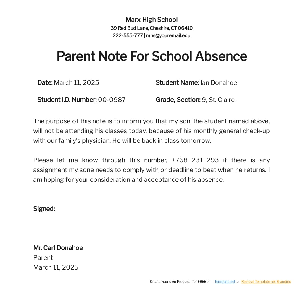 Parent Note for School Absence Template