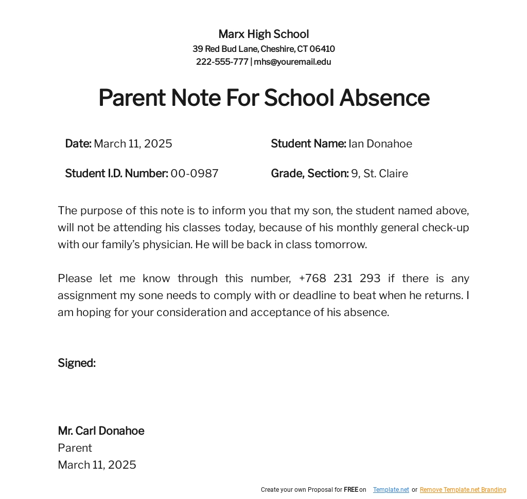 Parent Note for School Absence Template