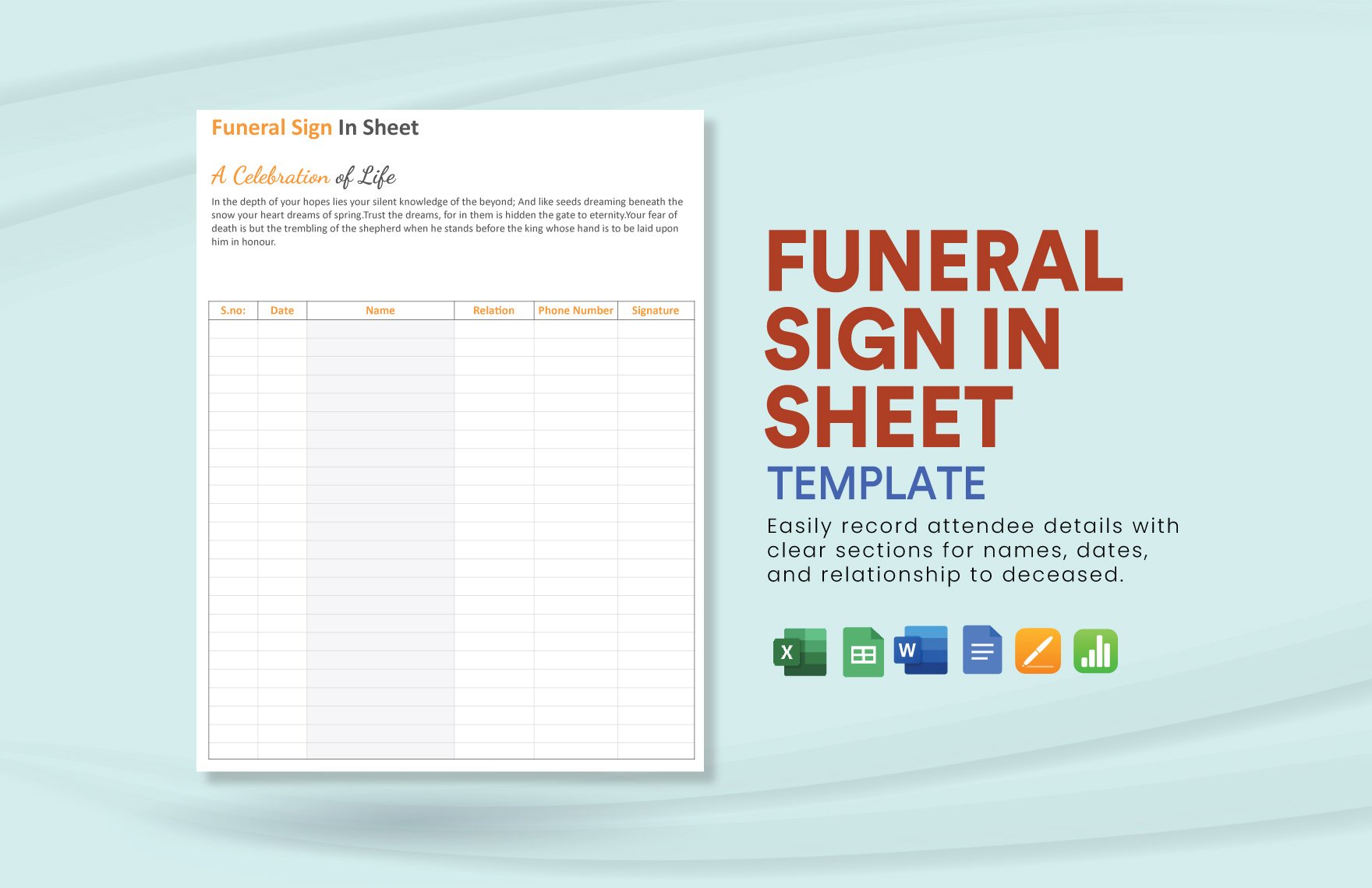 Funeral Sign in Sheet Template in Word, Google Docs, Excel, Google Sheets, Apple Pages, Apple Numbers