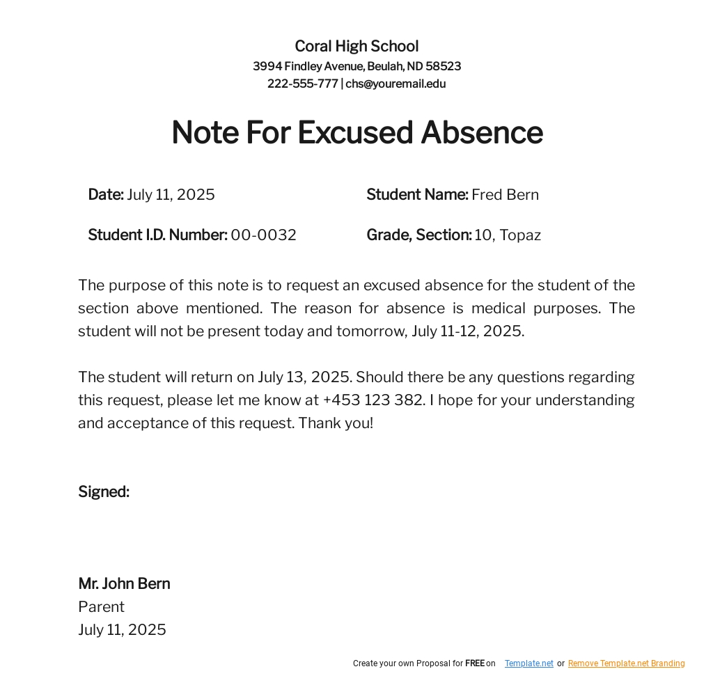 Excused Absence Examples