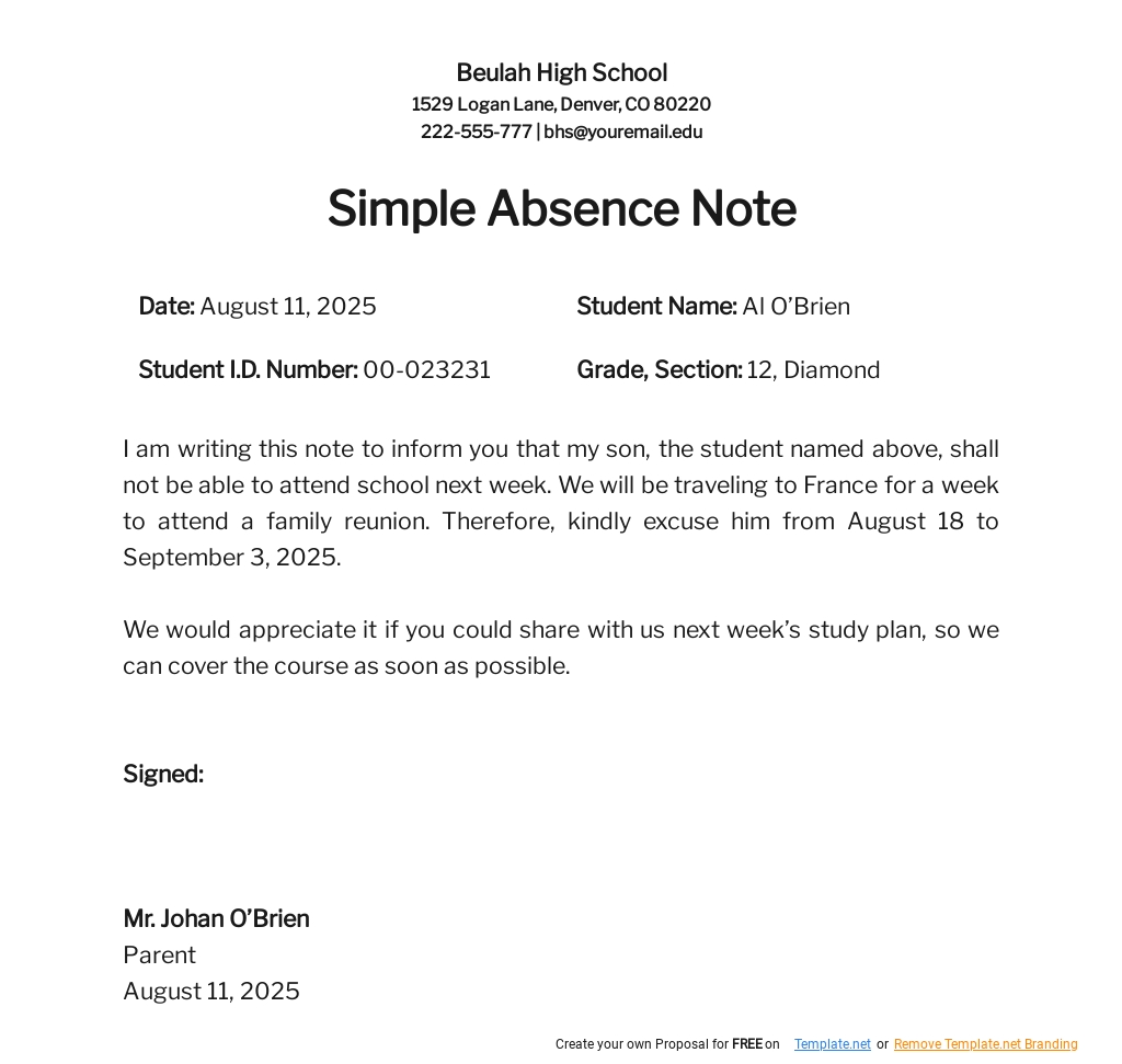 Simple Absence Note Template