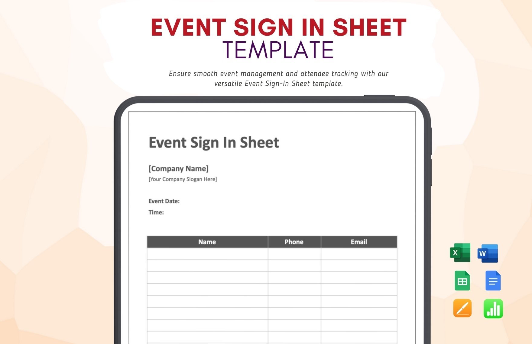 Event Sign in Sheet Template in Word, Google Docs, Excel, Google Sheets, Apple Pages, Apple Numbers