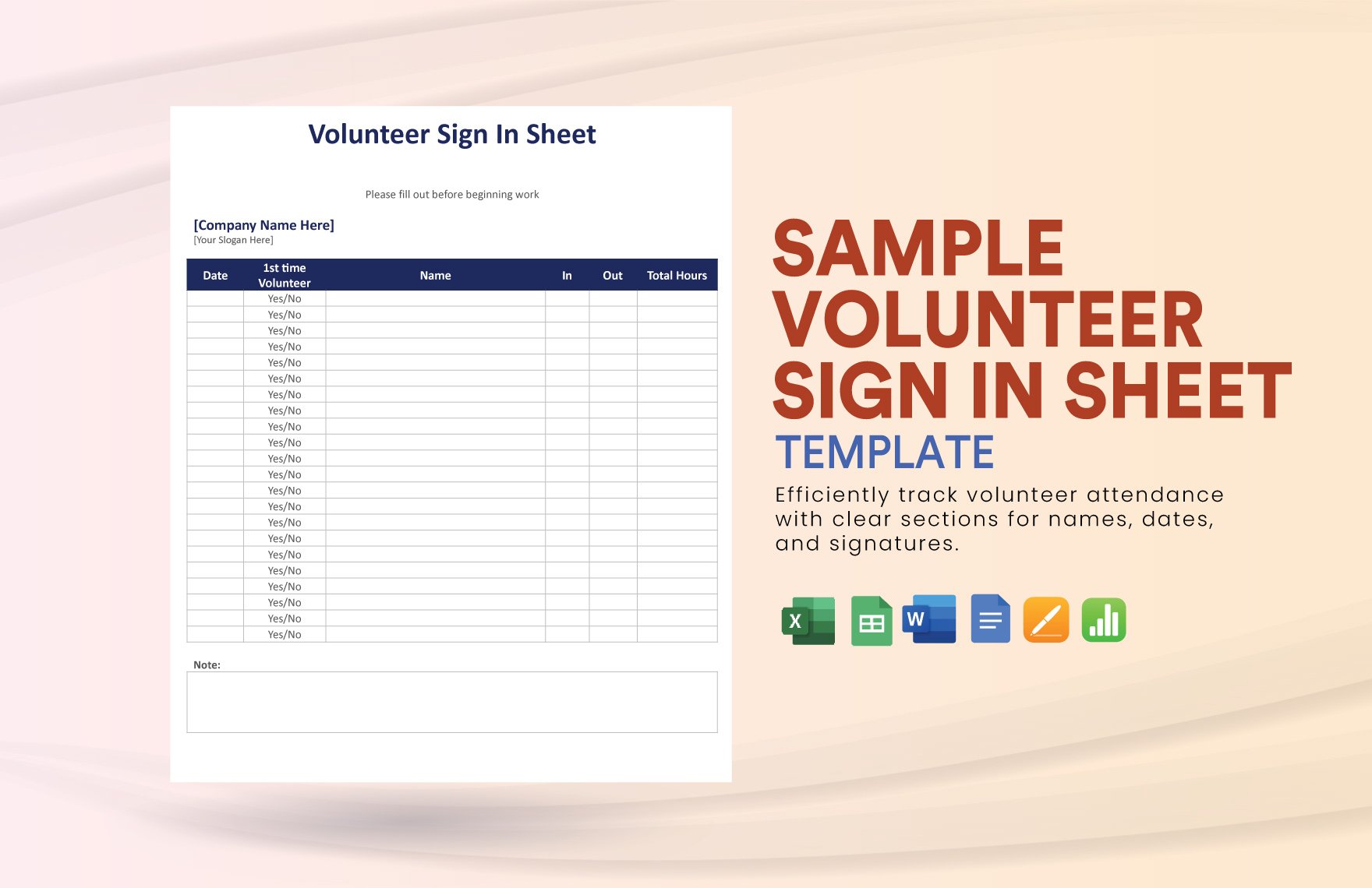 Sample Volunteer Sign in Sheet Template in Word, Google Docs, Excel, Google Sheets, Apple Pages, Apple Numbers