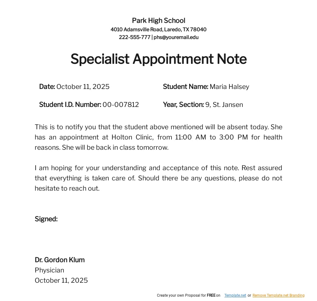 Specialist Appointment Notes Template