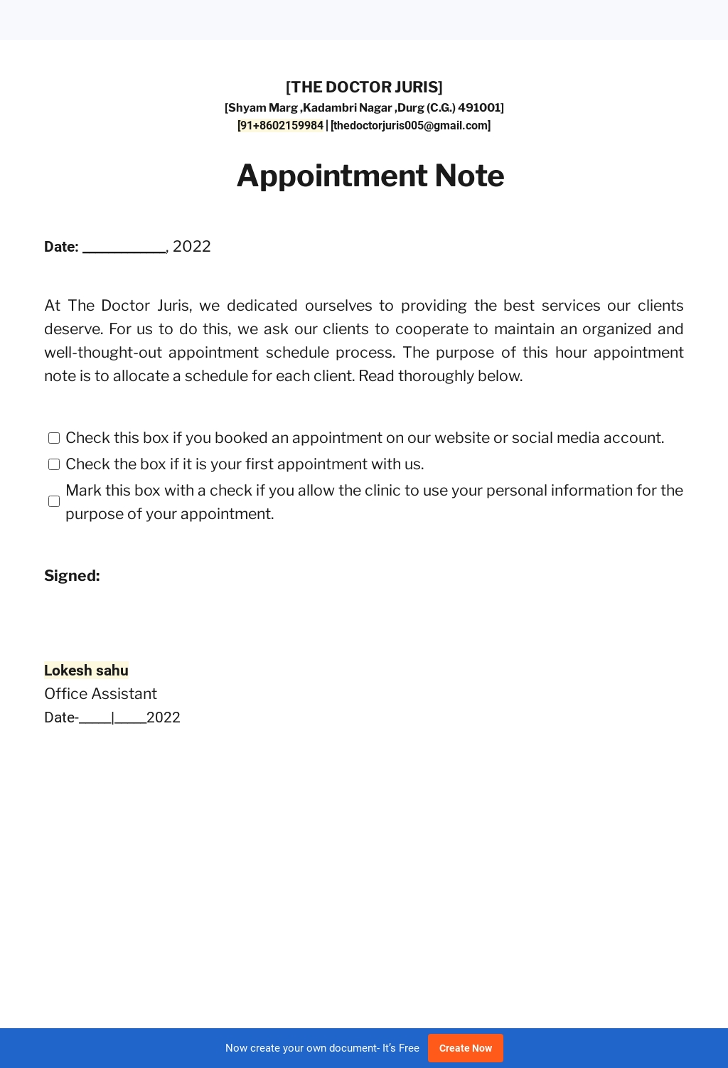 Free Hour Appointment Notes Template