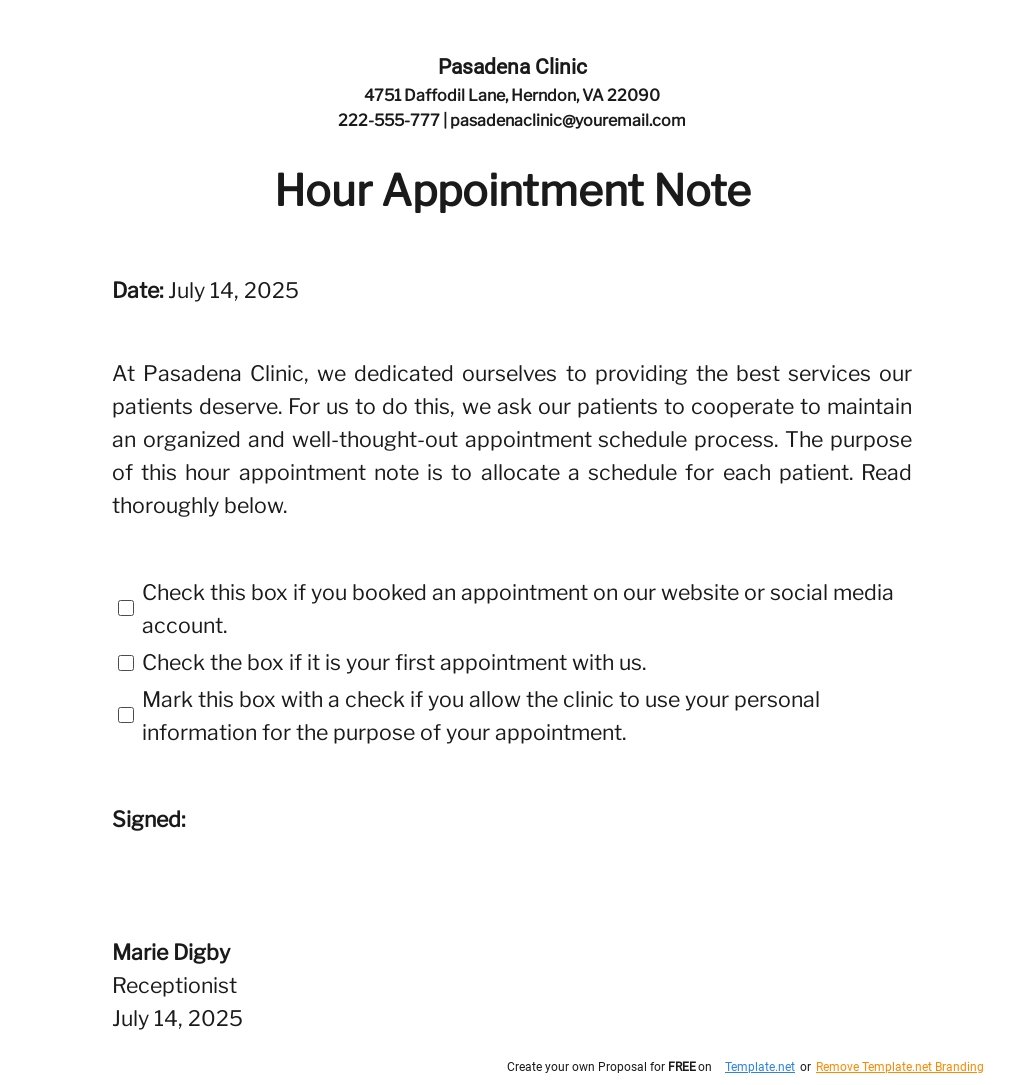 Hour Appointment Notes Template