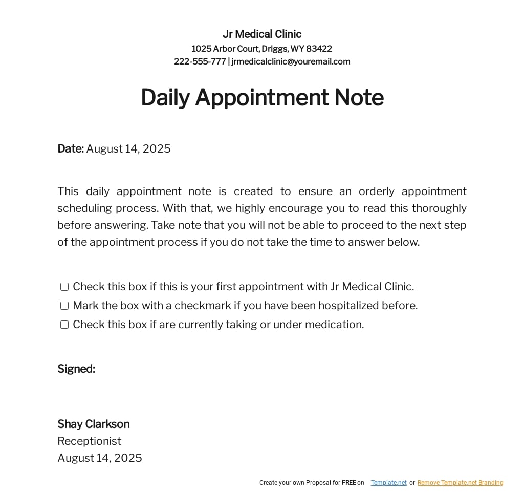 Daily Appointment Notes Template