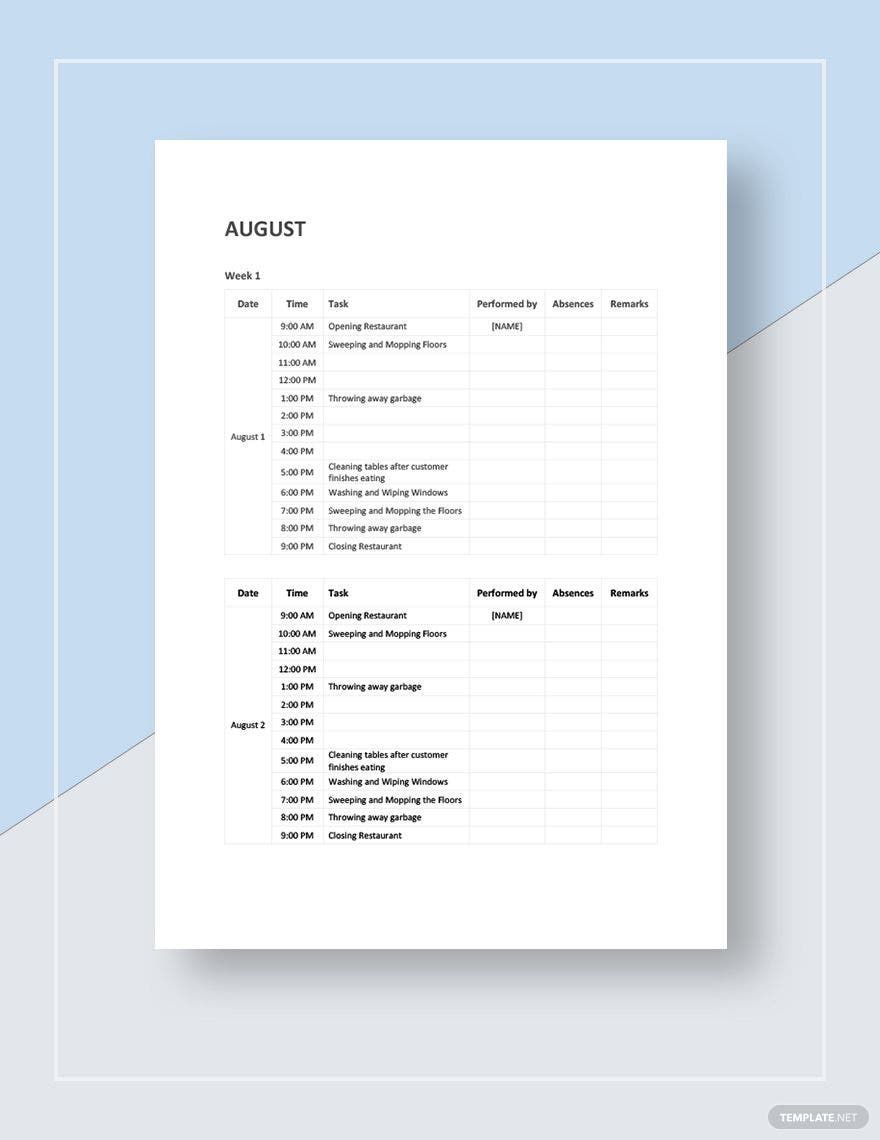 Weekly Restaurant Cleaning Schedule Template