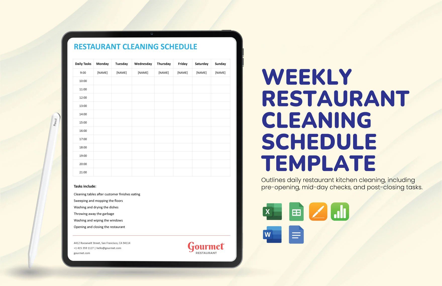 Free Weekly Restaurant Cleaning Schedule Template in Word, Google Docs, Excel, Google Sheets, Apple Pages, Apple Numbers