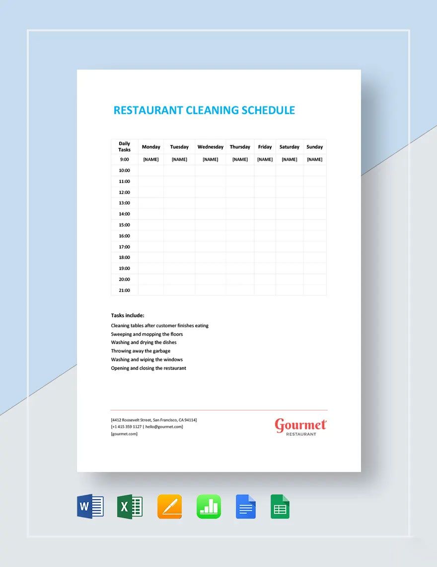 Free Weekly Restaurant Cleaning Schedule Template Google Sheets 