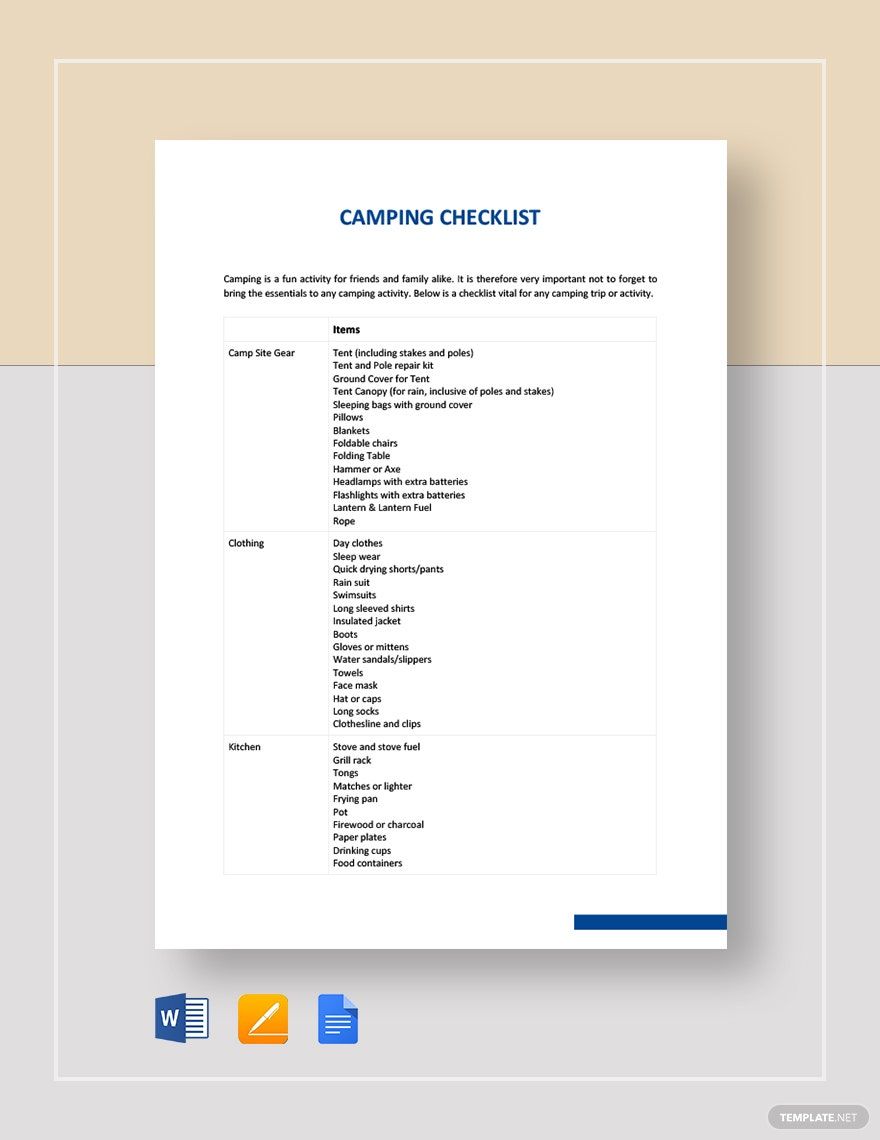 Simple Camping Checklist Template in Word, Google Docs, Apple Pages