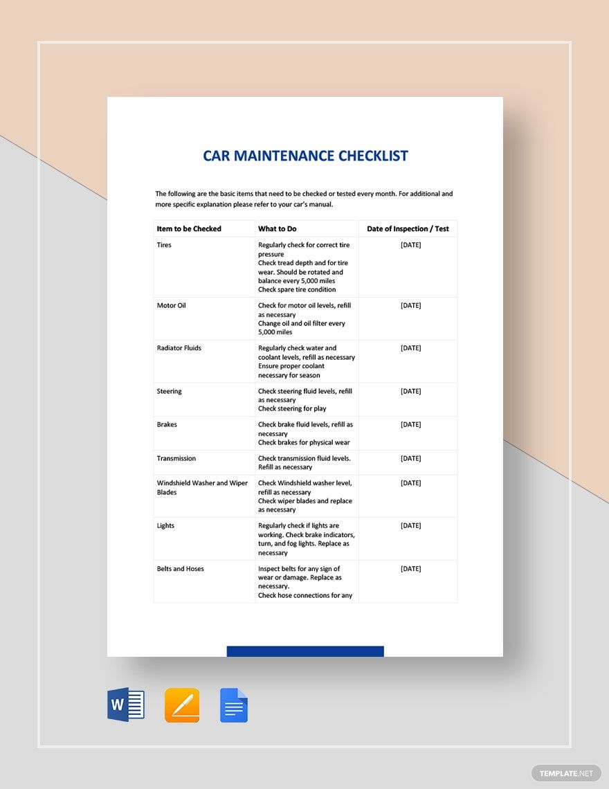 Car Maintenance Checklist Template