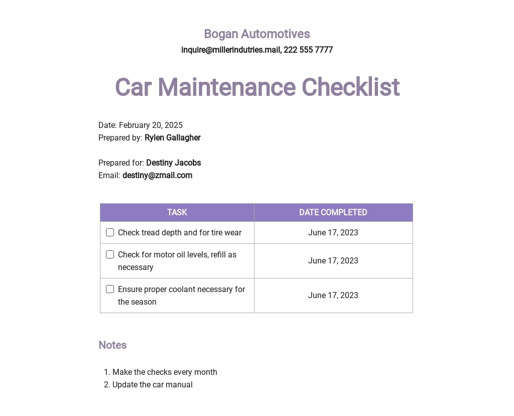 car routine maintenance checklist