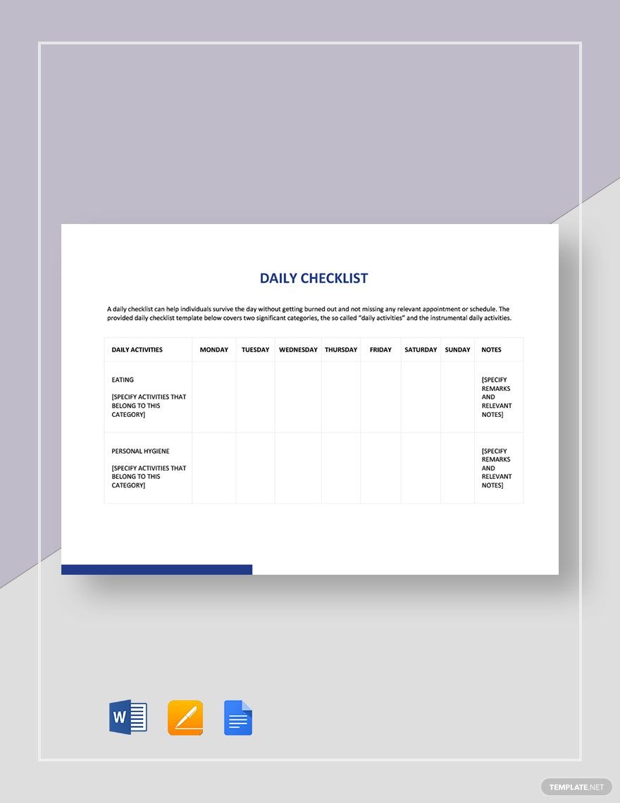 Daily Checklist Template Google Docs, Word, Apple Pages