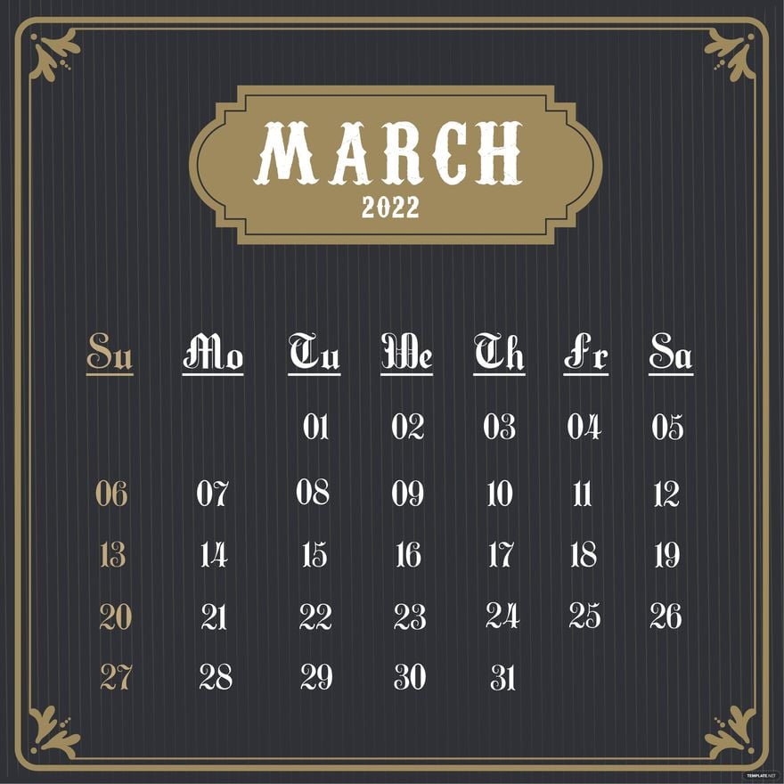 Free Vintage March 2022 Calendar Vector in Illustrator, EPS, SVG, JPG, PNG