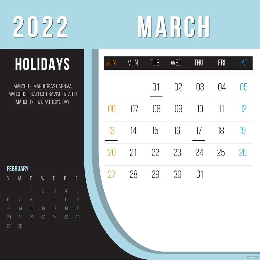 Free March Calendar Vector with Holidays in Illustrator, EPS, SVG, JPG, PNG