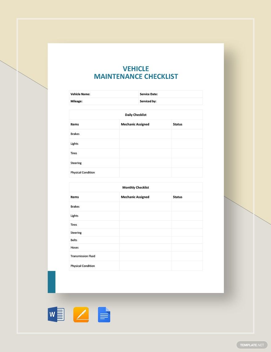 Vehicle Maintenance Checklist Template Google Docs Word Apple Pages 