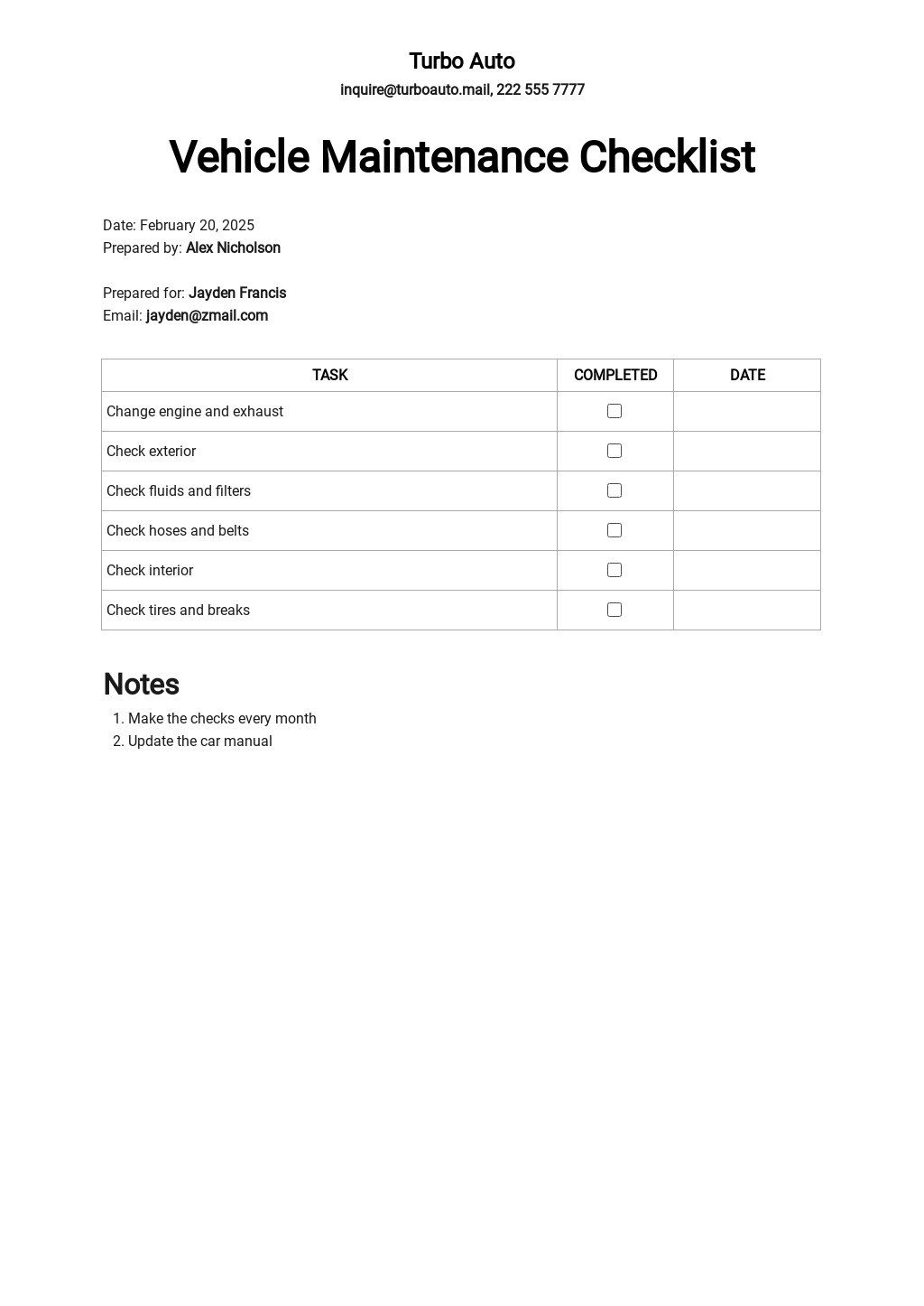 car maintenance checklist reddit